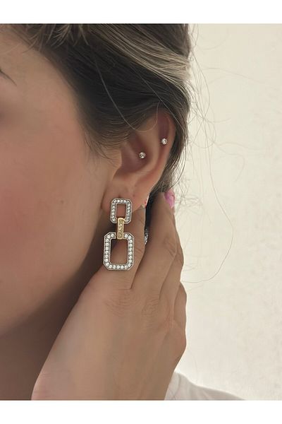 MyladyAccessoriess Double Color Detailed Square Cut Dangle Earrings (Steel)