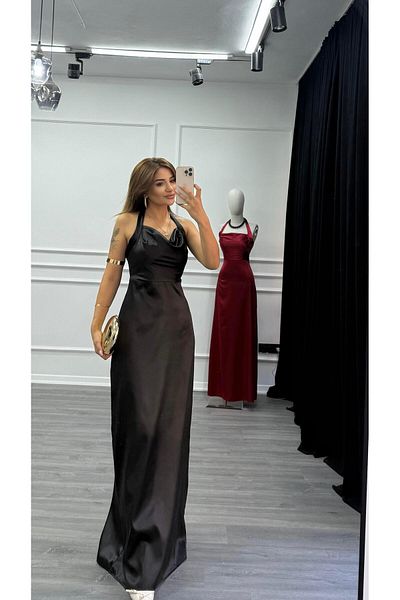 Daves Long Satin Dress with Back Detail-Black