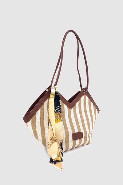 Wuclo Omric Scarf Detailed Linen Shoulder, Arm and Hand Bag Cream Tan