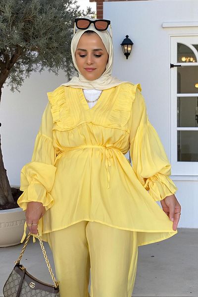 Aselim Hijap Moda Set dublu cu detaliu cu volan și curea de balon - Galben
