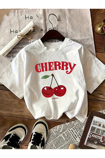 haha Cherry Printed White T-Shirt for Girls