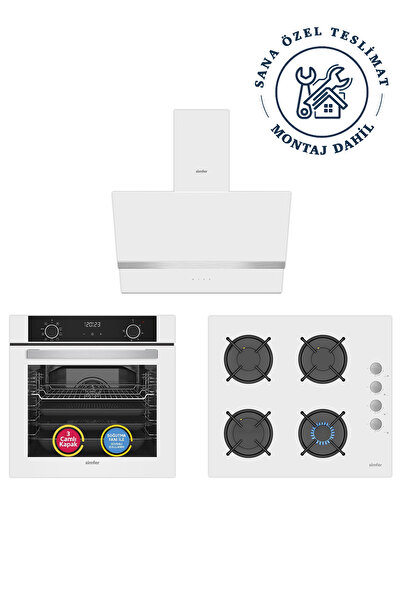 Simfer ✨3'lü Ankastre Set - 76L AirFry Özellikli 10 Fonksiyon Fırın + Beyaz Cam Ocak + Dokunmatik Davlumbaz