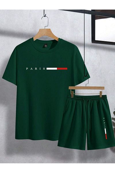 ACTIVE MODA - Men's Cotton Tshirt-Shorts 2-Piece Set Oversize Large Size Printed Paris