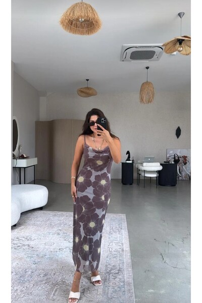 Mars Desenli Degaje Yaka Asansör Askılı Astarlı Tül Elbise