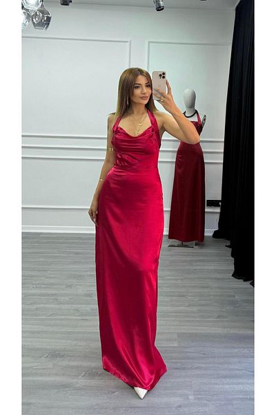 Daves Satin Long Dress with Back Detail-Red