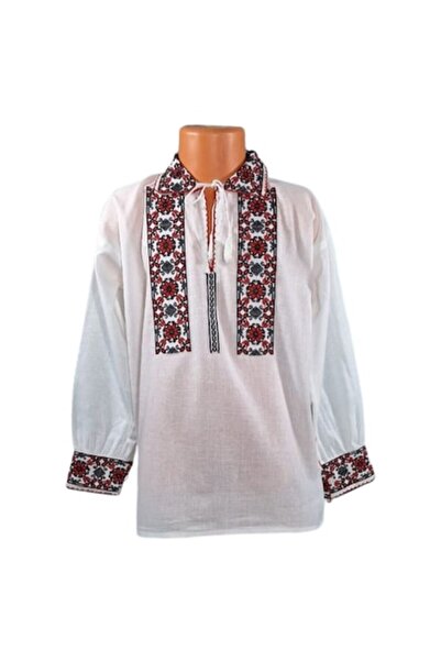 OEM National blouse for boys made of cotton, White with red embroidery, 8 years