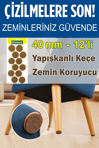 GLASWEN Yapışkanlı Yuvarlak Keçe Masa Sandalye Parke Zemin Ayak Koruyucu Kayd...