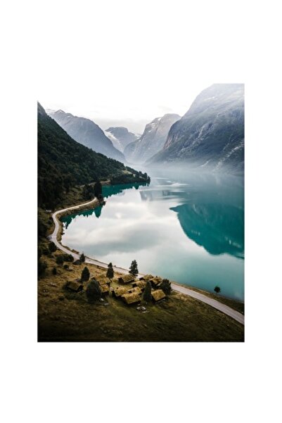 OEM Tablou Canvas, 'Sat linistit langa lacul albastru', Pitoresc, Liniste, Re...