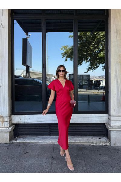AlisaSu Women's Red V-Neck Satin Midi Dress