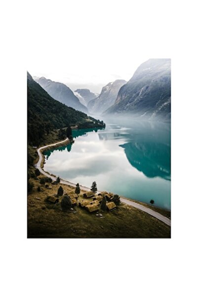 OEM Tablou Canvas, Sat liniștit lângă lacul albastru, 100 x 100 cm