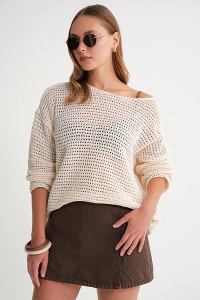 Mixray 6942 Women's Boat Neck Seasonal Openwork Sweater Natural