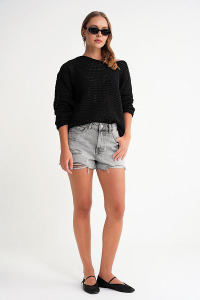 Mixray 6942 Women's Boat Neck Seasonal Openwork Sweater Black