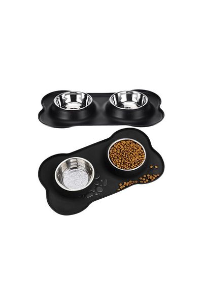 Purlov Bol de hrănire 2 în 1 pentru câini/pisici, material antiaderent, metal/silicon, 450 ml, argintiu/negru