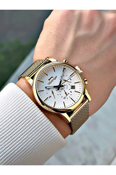 Slazenger Fonksiyonlu Altın Renk Çelik Hasır Kordon Erkek Kol Saati