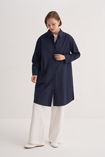 EBU Prive Women's Poplin Basic Long Shirt Navy Blue