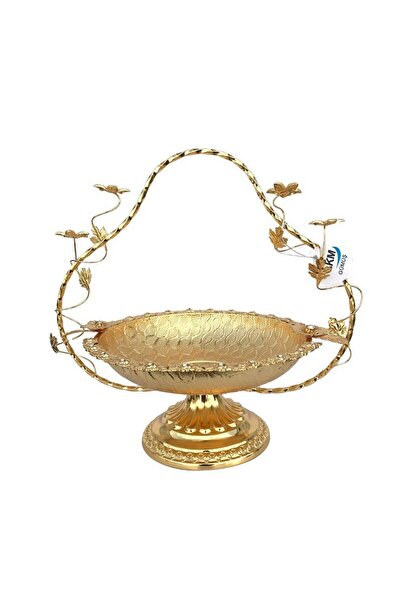 OEM Fructiera din metal cu toarta si flori, auriu, 33x33 cm
