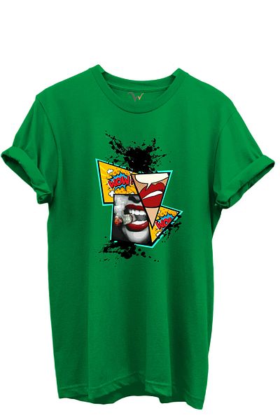 WİDİ Pop Art Lip and Comic Μπλουζάκι με θέμα WOW 100% βαμβακερό κανονικό μπλουζάκι Unisex