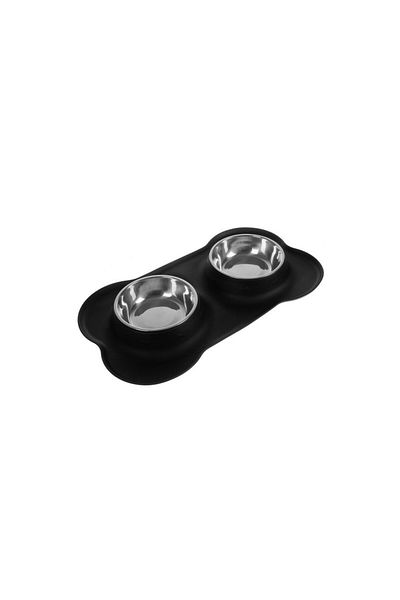 Purlov Bol de hrănire 2 în 1 pentru câini/pisici, material antiaderent, metal/silicon, 450 ml, argintiu/negru