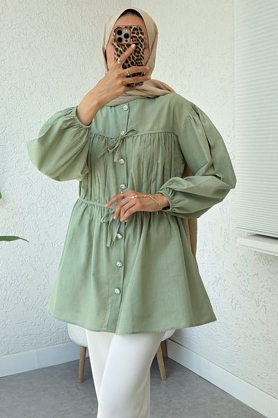 Salih Çelebi Drawstring Detailed Lace-Up Tunic 2366 - Khaki