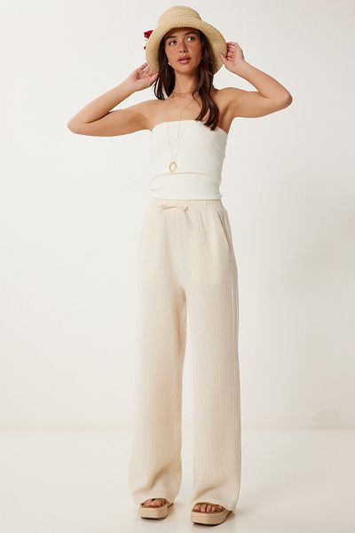 Lovelyİstanbul Striped Muslin Palazzo Trousers Lsa0010 Biscuit