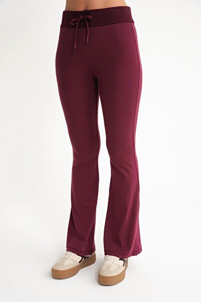 Mixray 2017 Women's High Waist Spanish Leg Knitted Lace-Up Leggings Burgundy