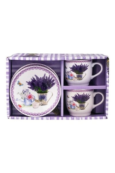 OEM Set din ceramica format din doua cesti cu farfurie, cu lavanda, 24x15 cm,...