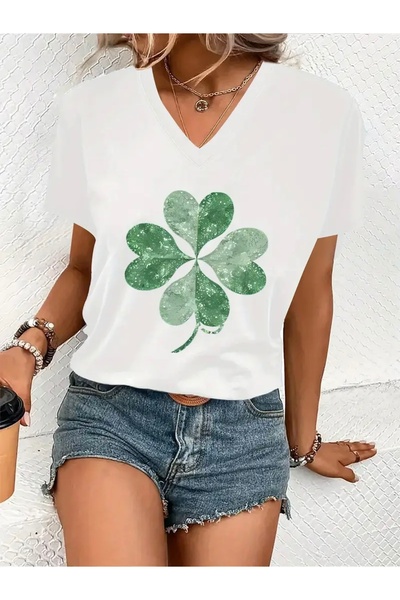 FUFLUNS تي شيرت نسائي كبير الحجم برقبة على شكل حرف V مطبوع عليه برسيم