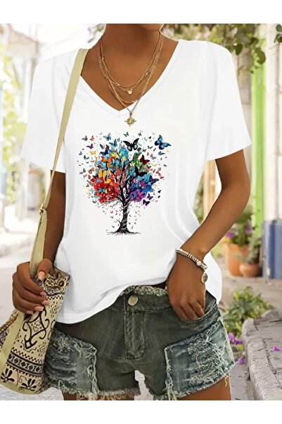 FUFLUNS Butterfly Tree Printed Women's Oversize V-Neck T-Shirt