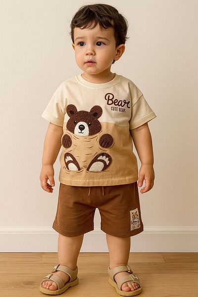 Minigimin Cicileri Miniğimin Cicileri Bear Poncho Detailed Boys Shorts Set - Brown