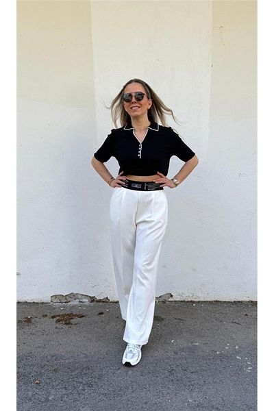 AYSL BUTİK Black Elastic Waist Palazzo Trousers with Text Detail