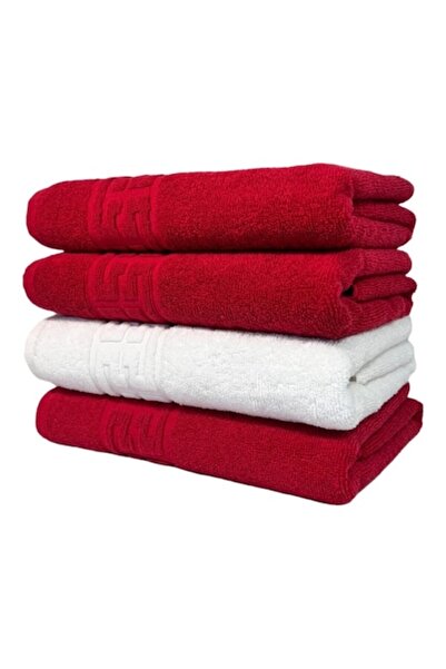 OEM Set 4 face towels, Cotton, Bicolor, Greek Trim, 500g/m², 50x90cm, Red-White