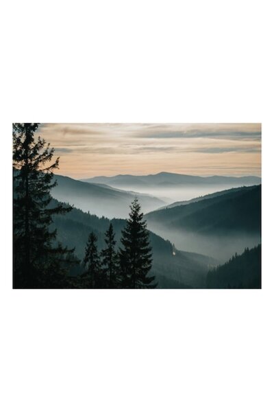 OEM Pictură pe pânză, „Misterele dimineții în munții liniștiți”, Pădure, Munți, Ceață, Apus de soare, Siluetă