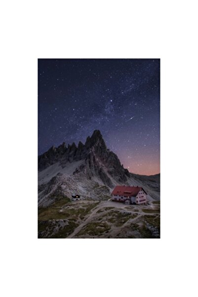 OEM Tablou Canvas, 'Cabana singuratica sub cerul instelat', Stele, Munte, Cabane, Cer, Noapte, Padure, P