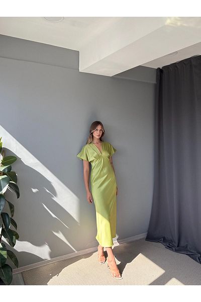 AlisaSu Women's Pistachio Green V-Neck Satin Midi Dress