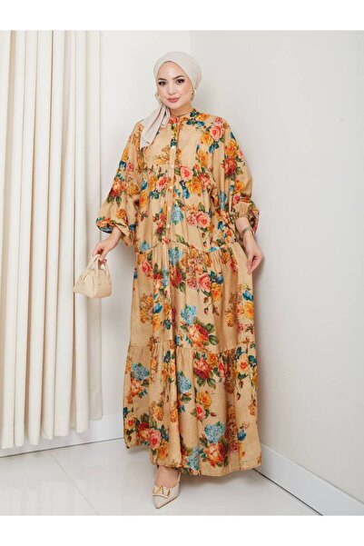 ezzo Mango Kumaş Floral Desenli Tesettür Elbise