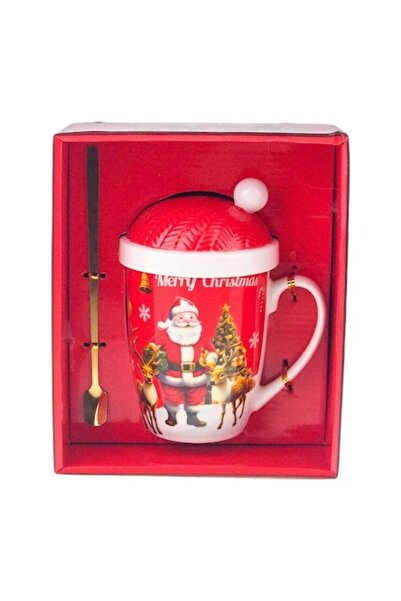 OEM Cană ceramică cu lingură metalică și capac cu pălărie de Crăciun