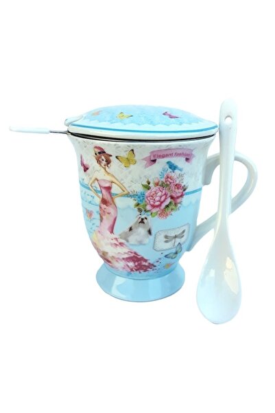 OEM Ceramic Mug with Sieve and Spoon Featuring Female Silhouette, Flowers, and Butterflies, 9 x 12 cm