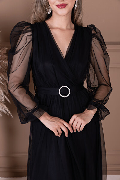 BEYBOS Tül Kumaş Kruvaze Yaka Maxi Elbise - SİYAH