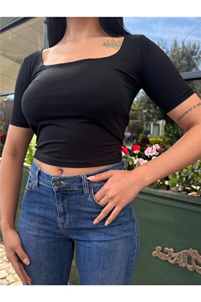 WeShaya Γυναικείο μαύρο μπλουζάκι με τετράγωνο γιακά με κοντό μανίκι από βισκ...