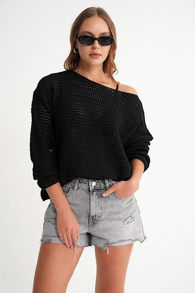 Mixray 6942 Women's Boat Neck Seasonal Openwork Sweater Black