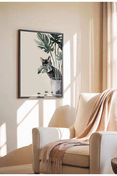 21mxm Poster de artă cu pisică amuzantă, pictură digitală, decor de perete cu pisică neagră drăguță, ilustrație minimalistă cu pisică