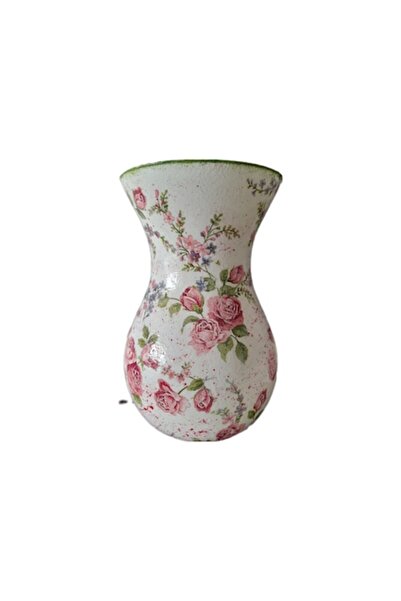 OEM Χειροποίητο κεραμικό διακοσμητικό βάζο με ροζ τριαντάφυλλα, 18cm x 12cm