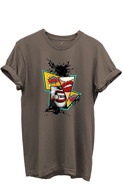 WİDİ Pop Art Lip and Comic Μπλουζάκι με θέμα WOW 100% βαμβακερό κανονικό μπλουζάκι Unisex