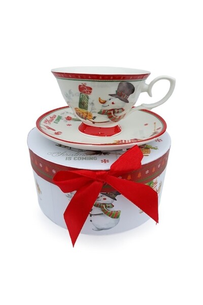 OEM Ceramic cup with plate decorated with snowman, 15x8 cm