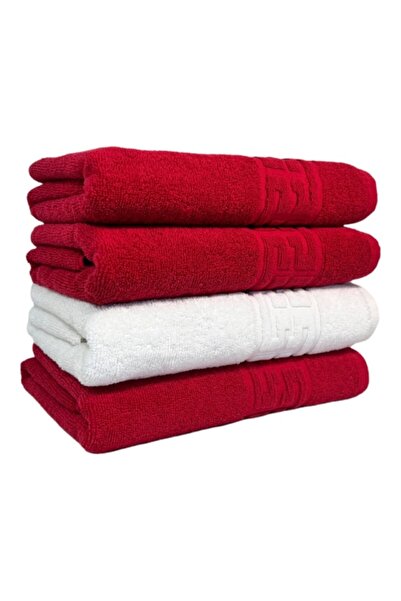 OEM Set of 4 Hand Towels, Cotton, Bicolor, Greek Border, 500g/m², 30x50cm, Burgundy-White