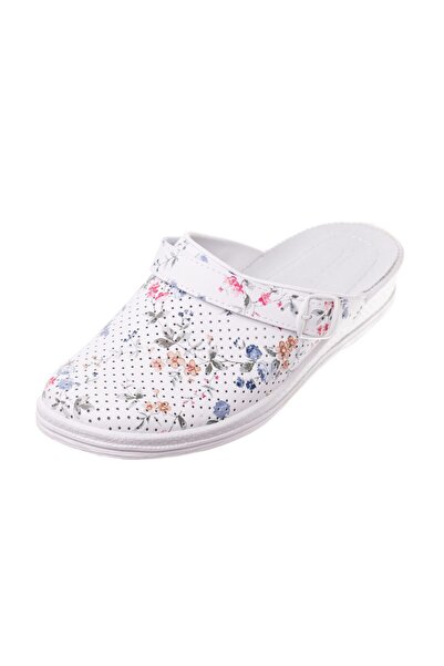 Tellus Leather medical clogs 74-08/01, White with flowers