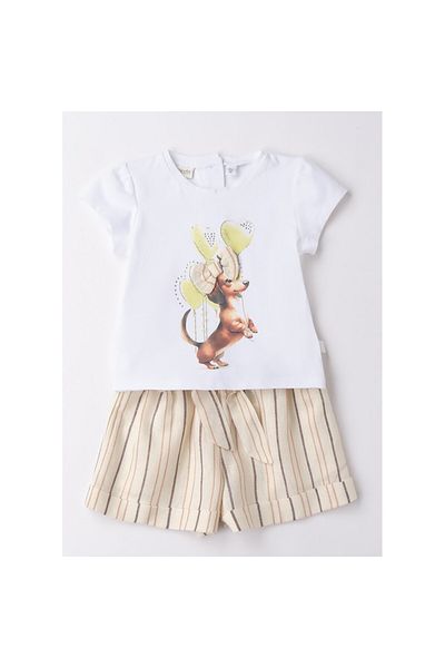 Sarabanda , Compleu tricou si bermude cu imprimeu catelus pentru fete, Alb, Bej, 110 cm