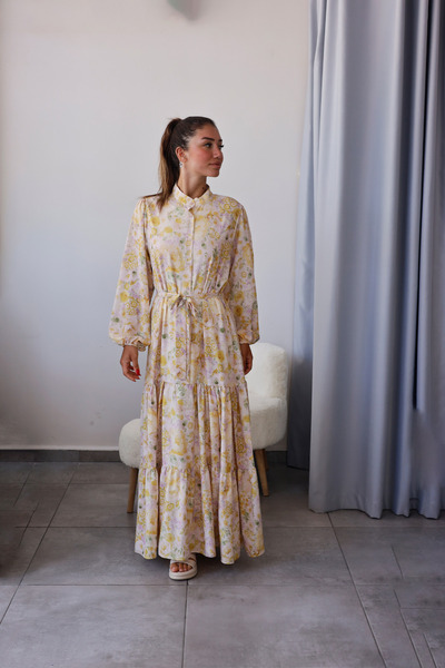 Elzem Boutique Sarı Çiçek Desenli Gömlek Yaka Elbise