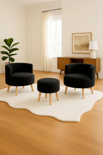 DEKORDESING Cozy Comfort Siyah Rengi Çay Seti Ve Peluş Ikili Berjer & Puf Tak...