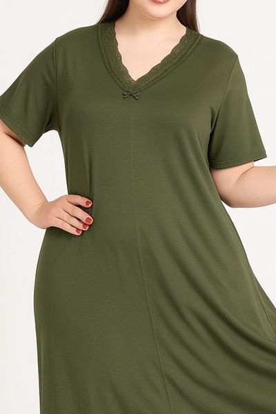 şuranur Bamboo V-Neck Lace Detailed Skirt Flared Dress Plus Size